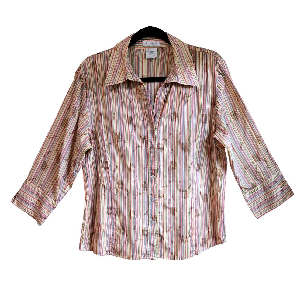FDJ‎ French Dressing Womens Multi Color Striped Floral Button Down Shirt Size 10